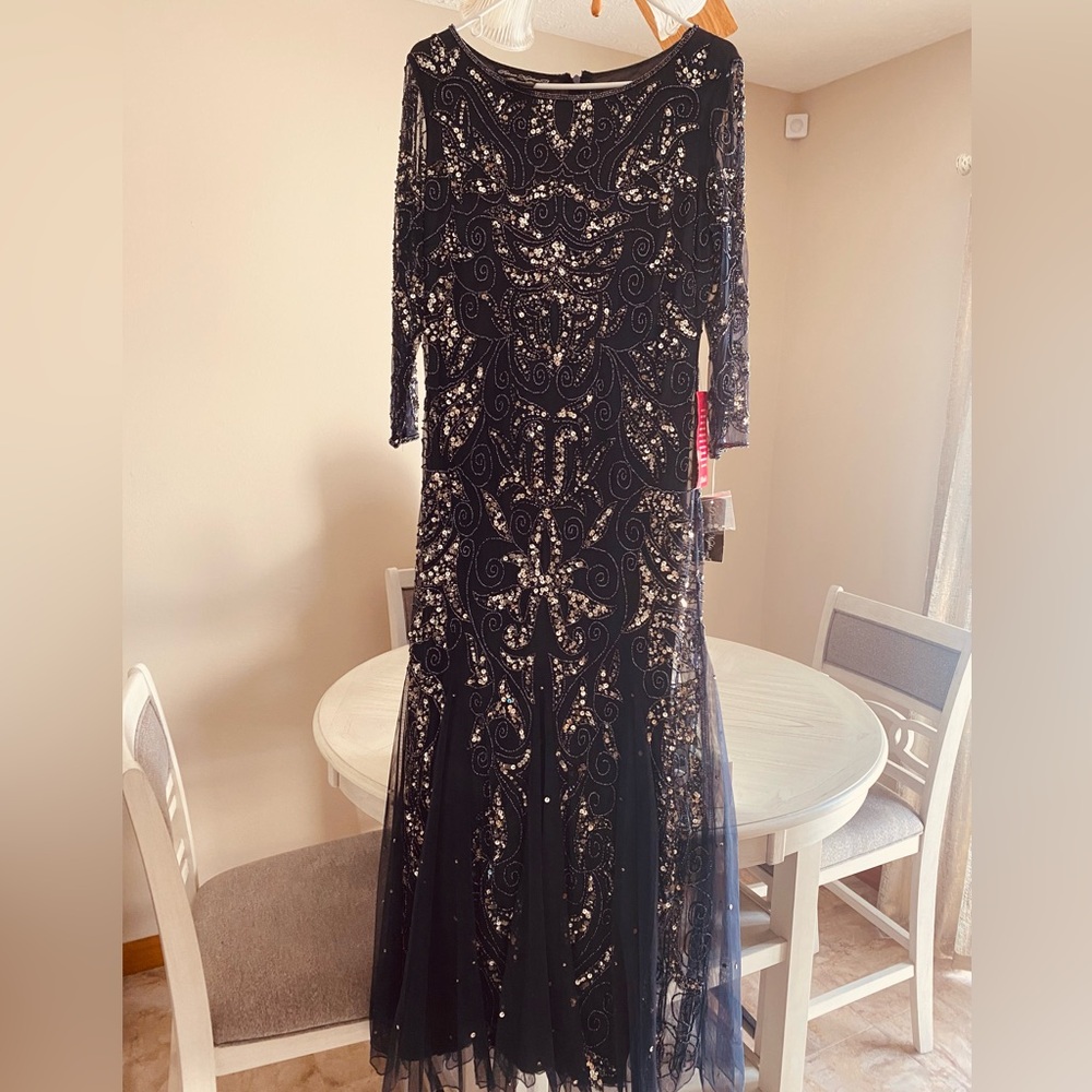 Long Sleeve Evening Dress Size 10 Navy Blue Beaded detail